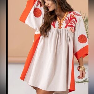 Veveret Embroidered Mini V-Neck Dress Boho Babydoll Dress coastal Cowgirl Sz L